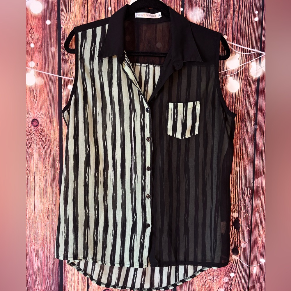 Today’s Designer Striped Black Sheer and Green Sleeveless Blouse